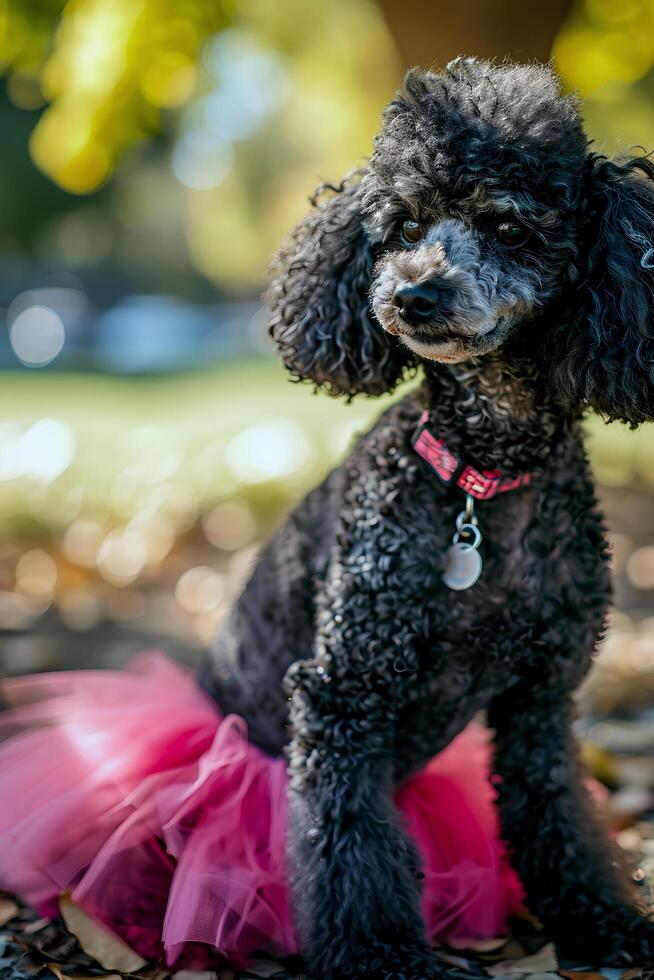 ai generado tutu giros caniche glamour soltado en el parque foto