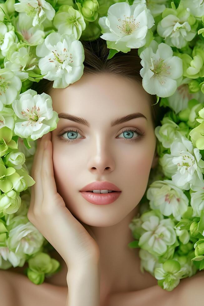 AI generated Enchanting Greens Woman's Beauty Springs to Life in Spring Banner photo