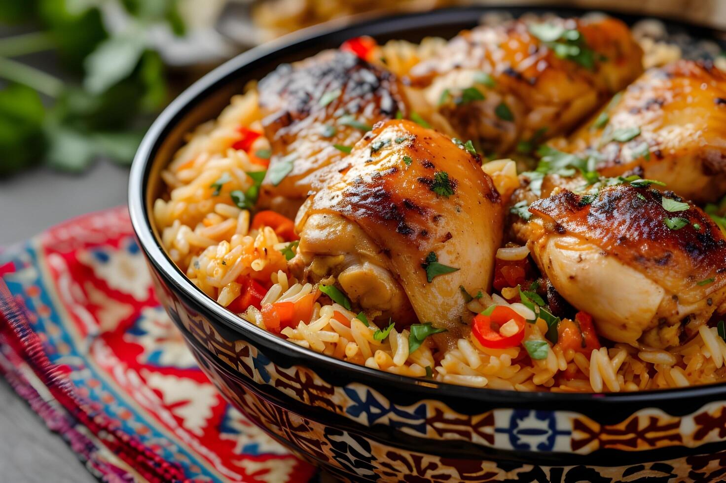 ai generado brasileño comodidad pollo y arroz arroz com frango en estampado folklórico cuenco foto