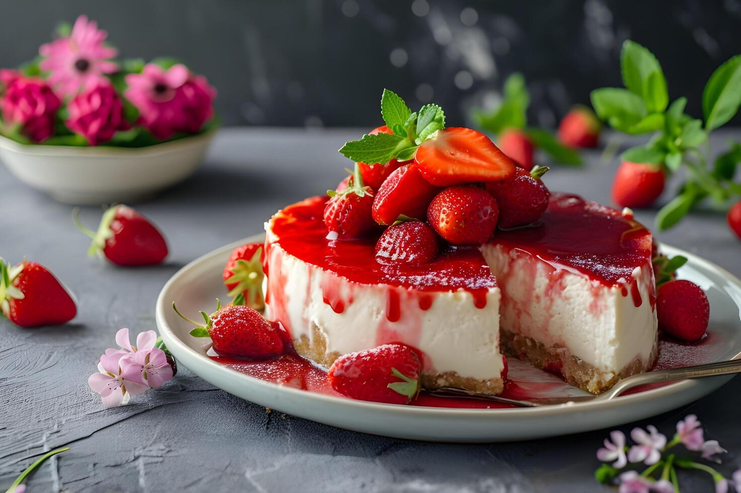 AI generated Springtime Delicacy Strawberry Cheesecake with a Sumptuous Strawberry Sauce Finish photo