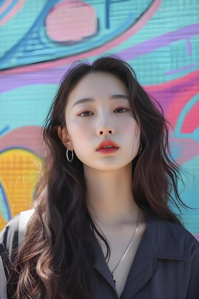 AI generated Pastel Street Art Elegance Beautiful Girl in a Spring Photoshoot photo