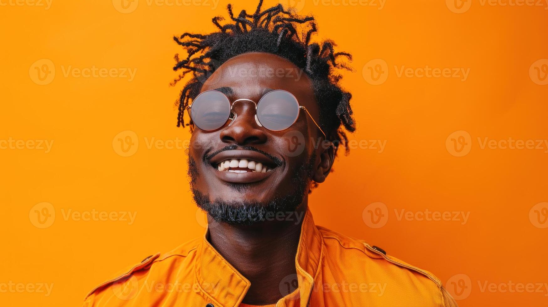 ai generado retrato de un sonriente africano americano hombre en Gafas de sol en naranja antecedentes foto