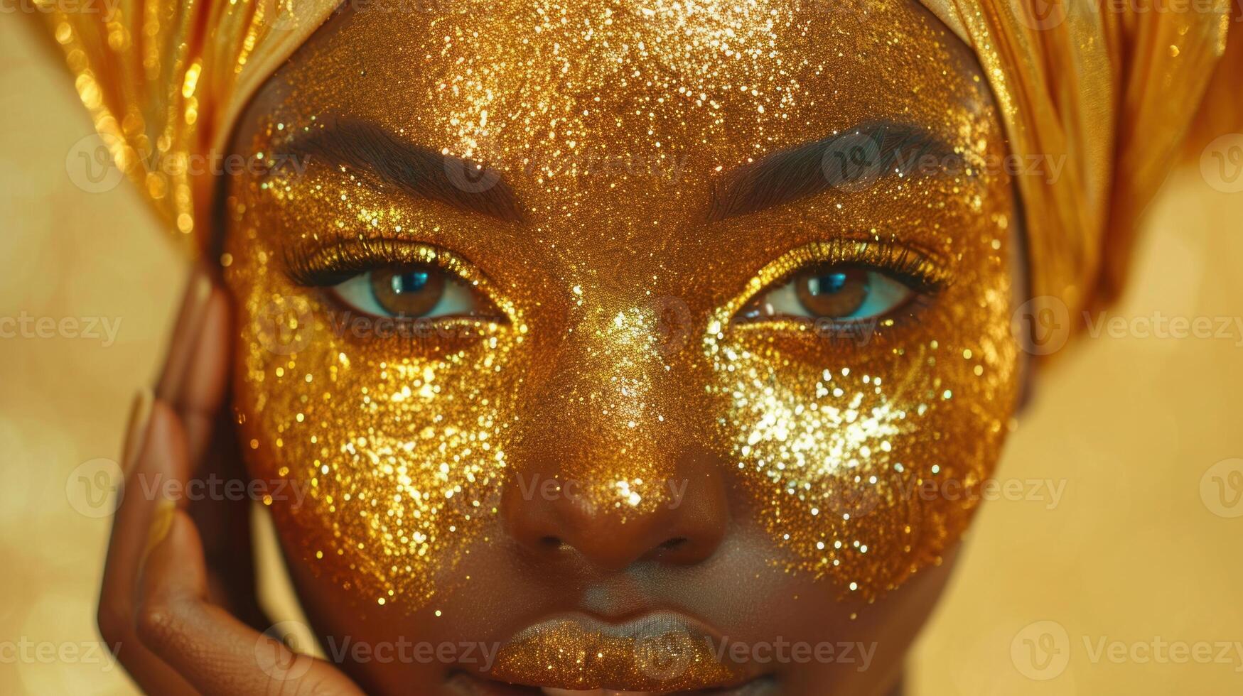 AI generated Close up portrait of beautiful african woman with gold makeup and turban photo