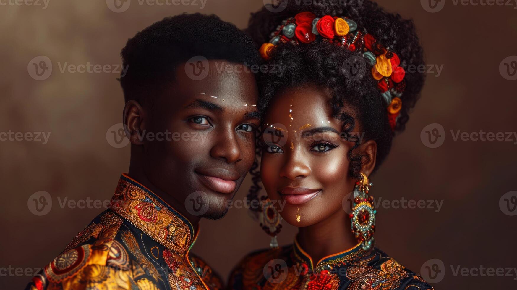 AI generated African young romantic and happy couple in love in the traditional outfits. photo