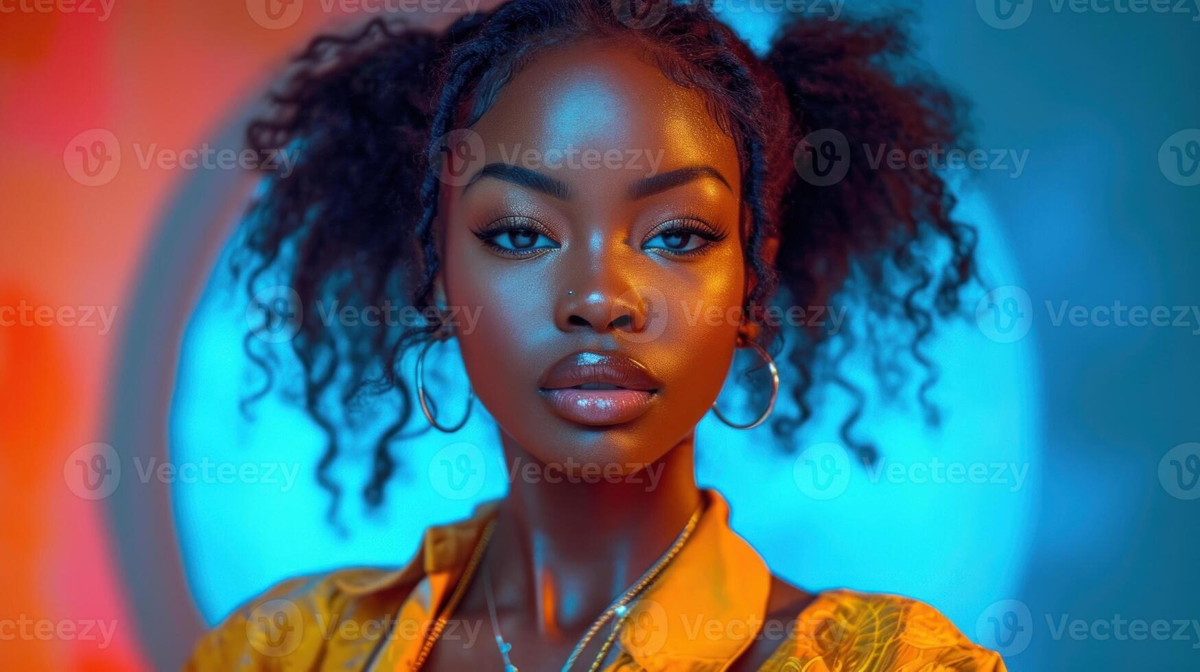 AI generated Close-up of a glamorous black female model with artistic makeup funky. Attractive african woman. photo