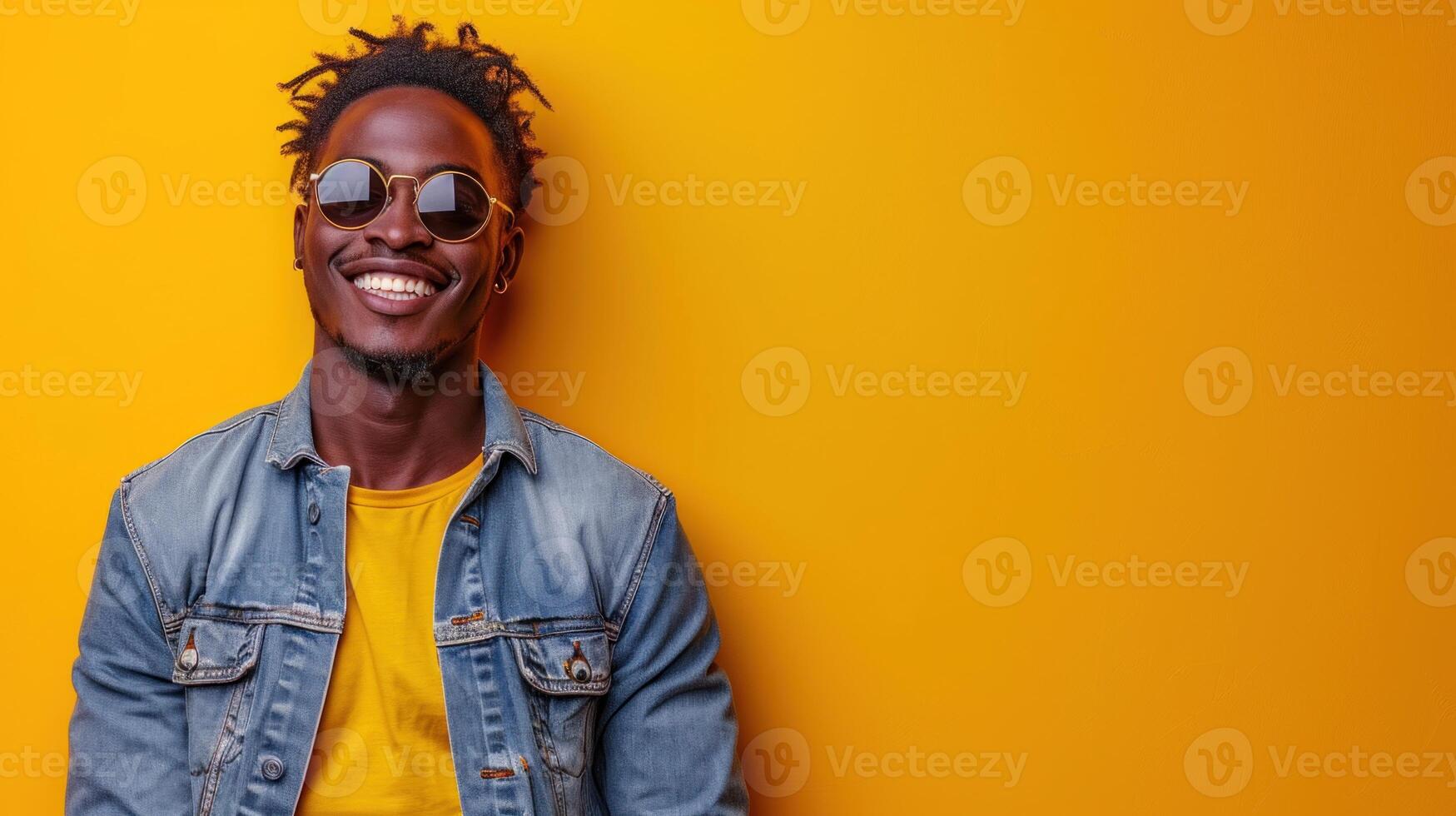 ai generado estudio retrato de contento africano americano hombre. alegre alegre hermoso joven chico en pie en amarillo fondo, mirando a cámara y sonriente foto