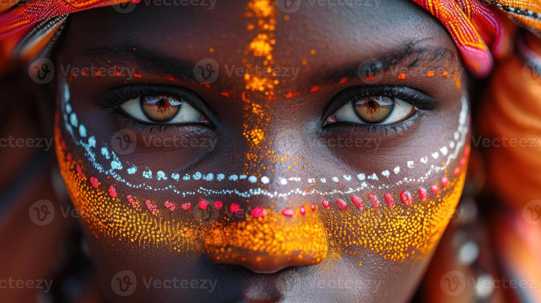 ai generado de cerca retrato de un hermosa africano mujer con creativo maquillaje foto