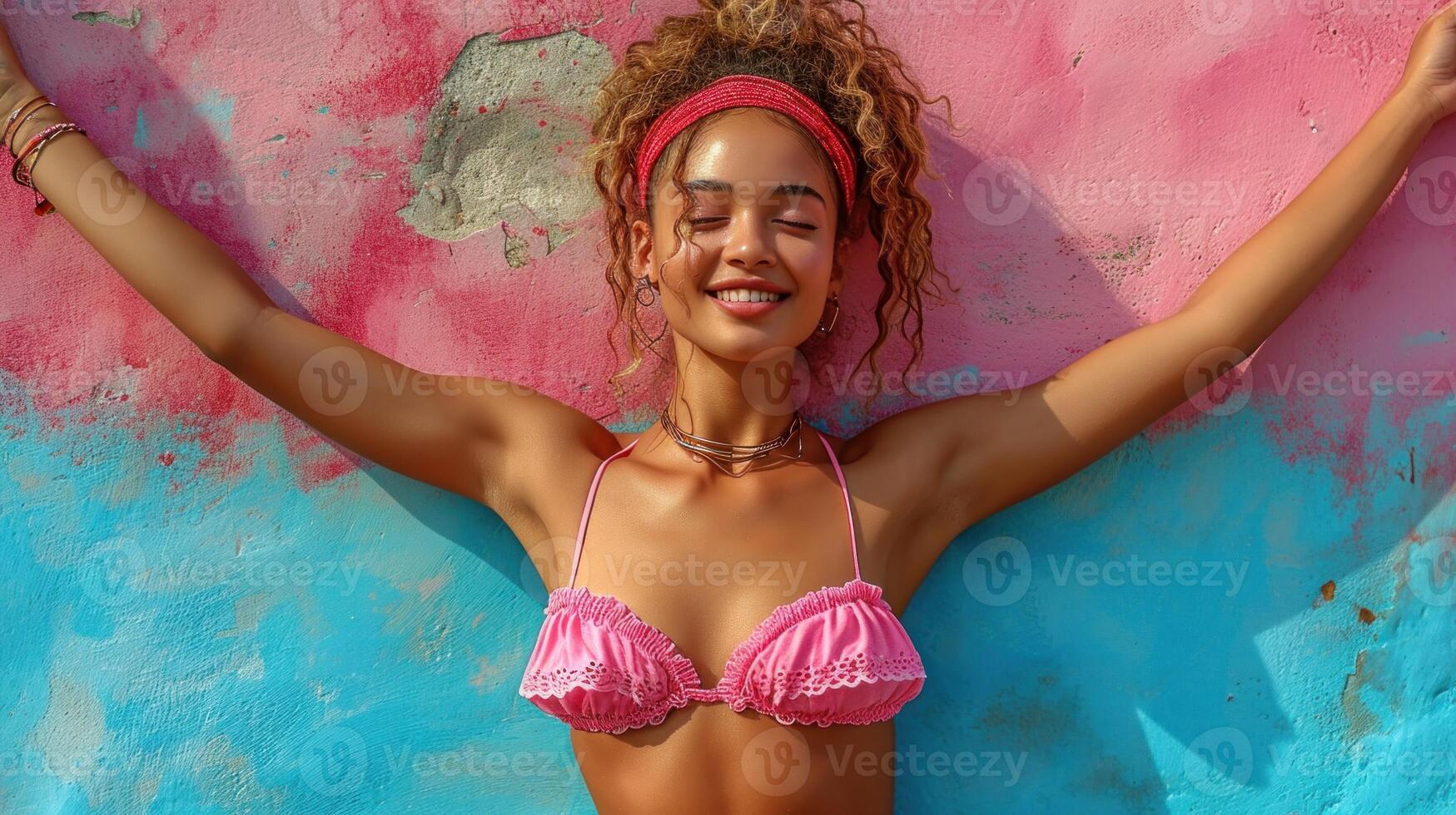 AI generated Sexy young african woman with afro hairstyle in pink bikini posing on colored wall photo