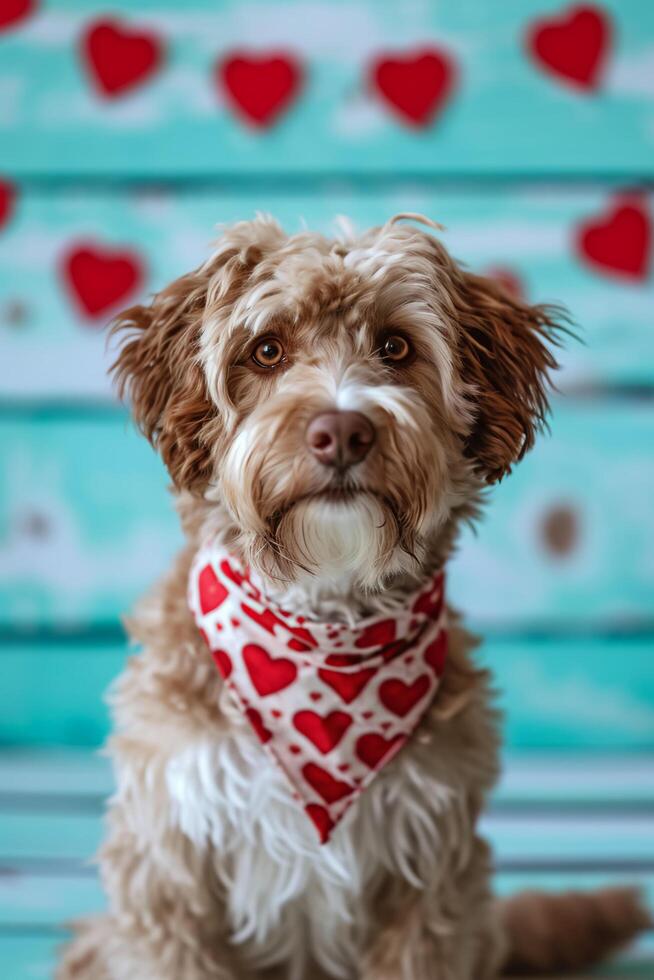 ai generado perrito amor canino afecto en San Valentín corazones foto