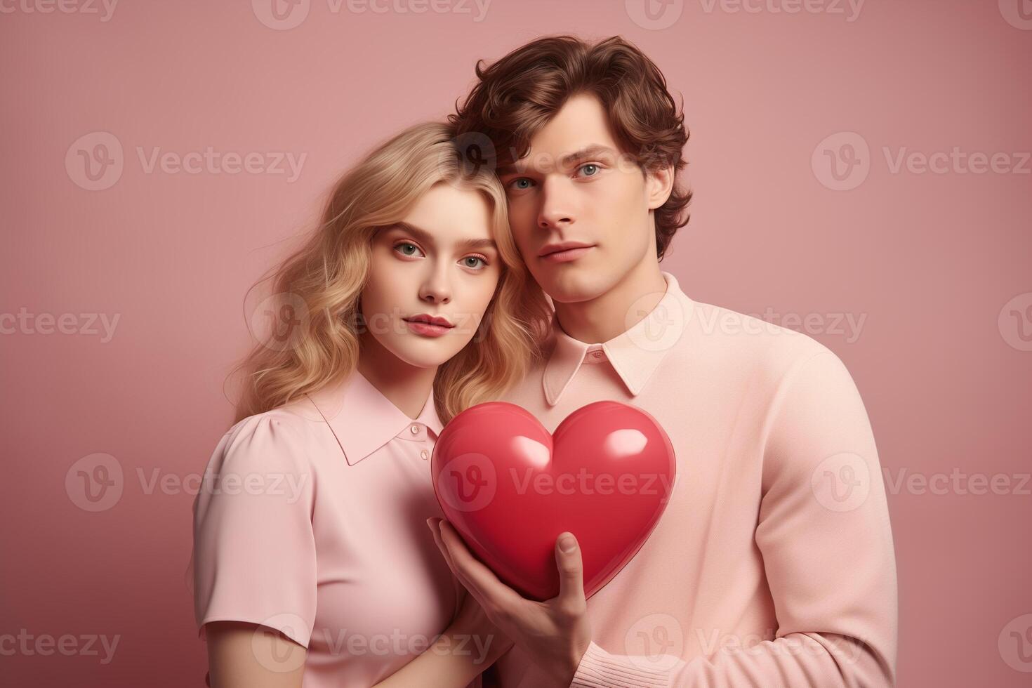 AI generated portrait on a pink background of a hugging young couple holding a heart in their hands photo