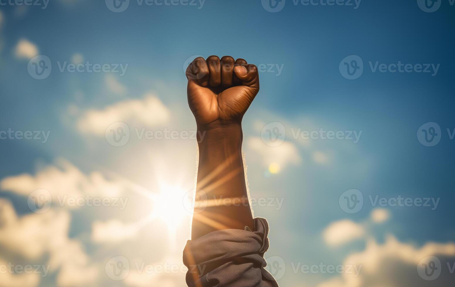 AI generated a black man's fist is raised up against the sky. black history month photo