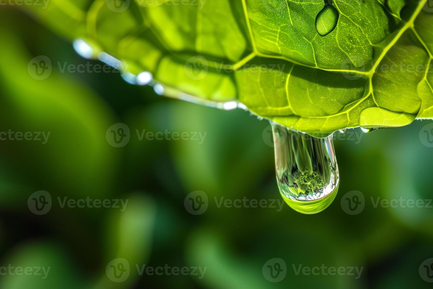 AI generated Water drop on green leaf with copy space. Green nature background. photo