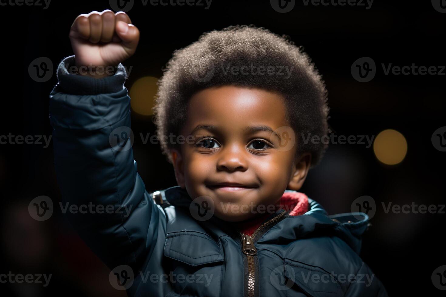 ai generado pequeño negro chico con elevado puño. negro historia mes foto