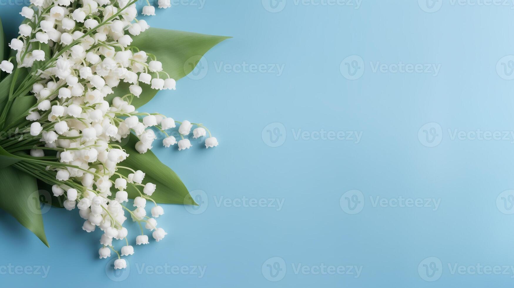 AI generated pale blue background with a bouquet of lilies of the valley, free space for text photo