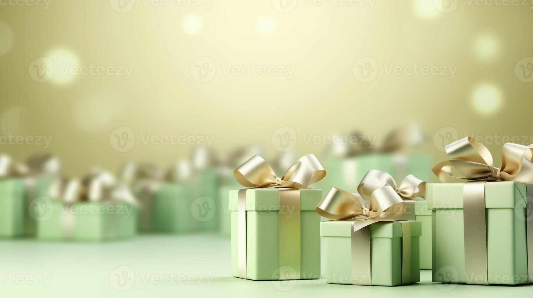 AI generated Pistachio colored gift boxes with ribbons on pistachio background photo