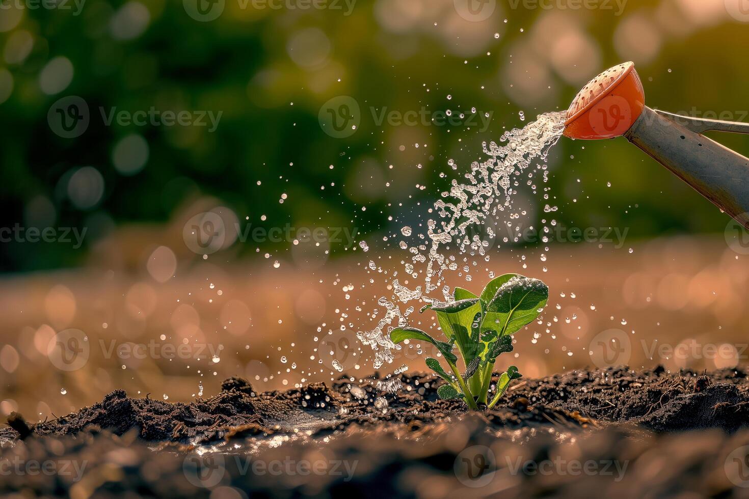 ai generado riego joven planta en el jardín con luz de sol. naturaleza antecedentes. foto