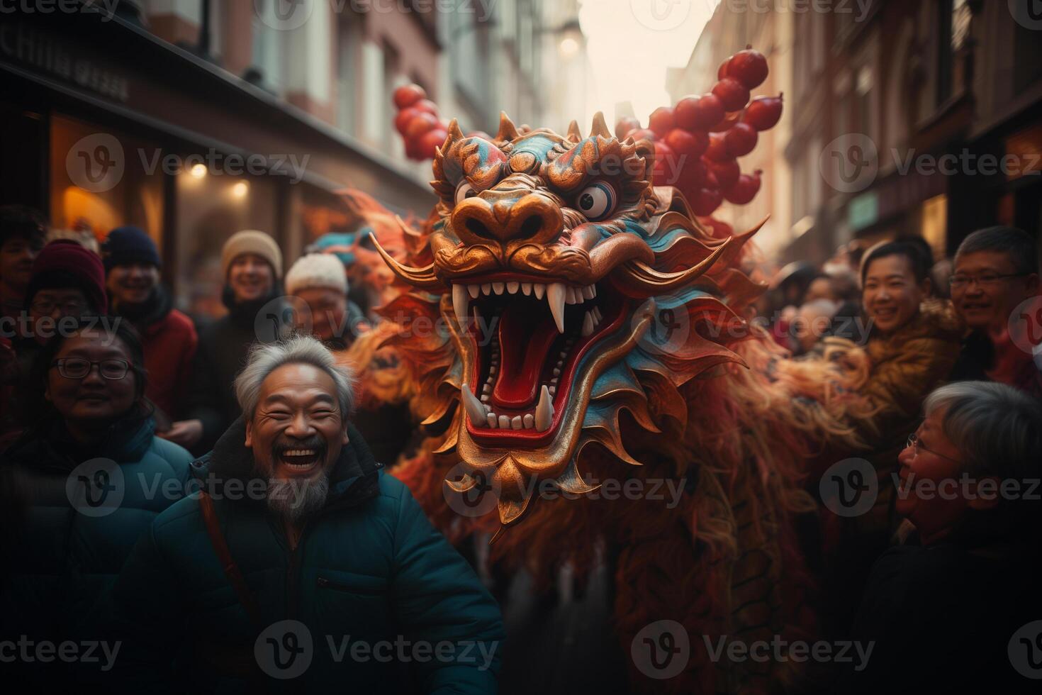 AI generated Chinese people celebrate Chinese New Year at a traditional festival photo