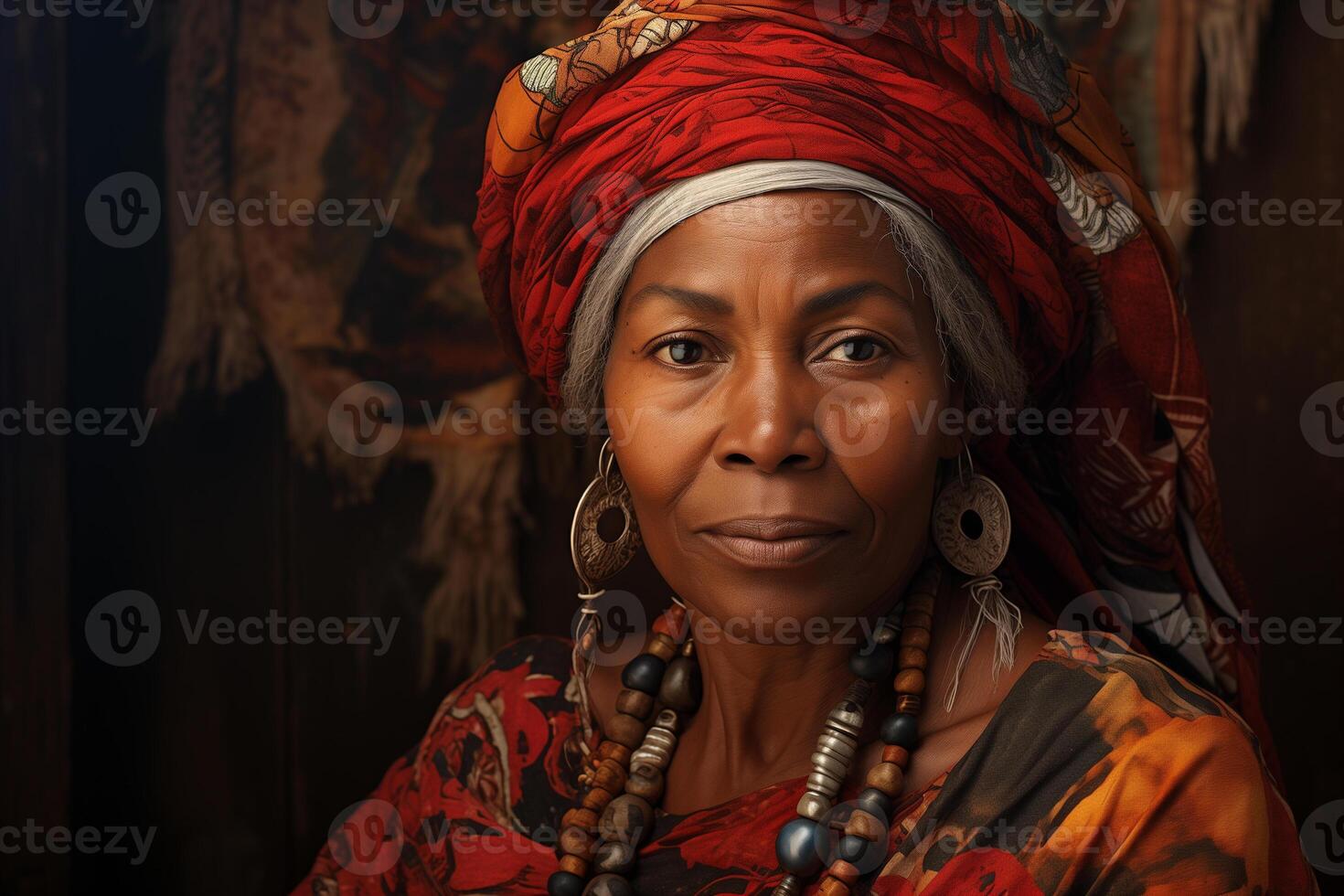 AI generated portrait of an old African American woman in traditional ethnic clothing and headdress photo