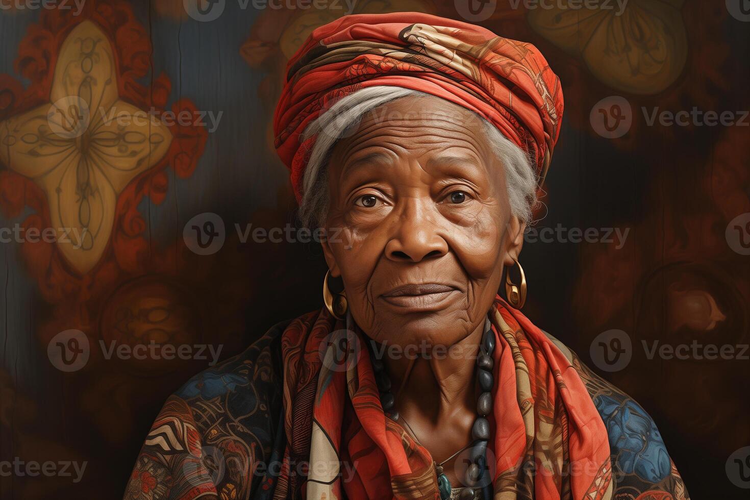 AI generated portrait of an old African American woman in traditional ethnic clothing and headdress photo