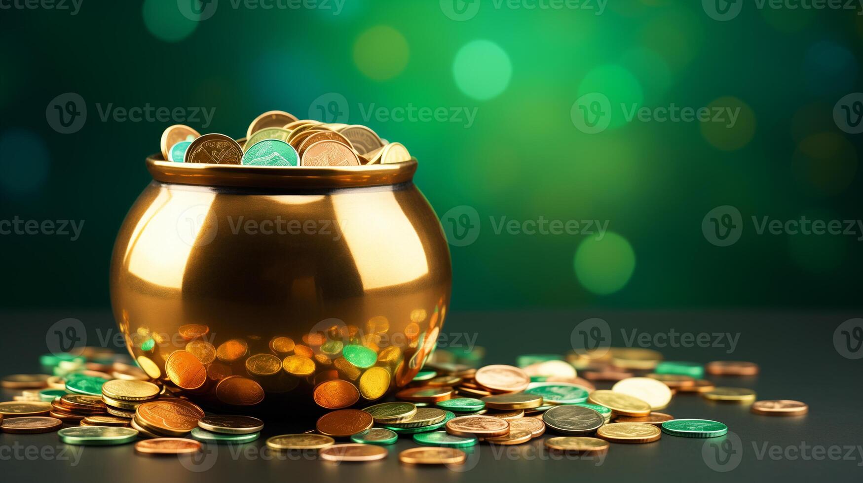 AI generated pot of gold on a wooden background. st patrick's day background photo