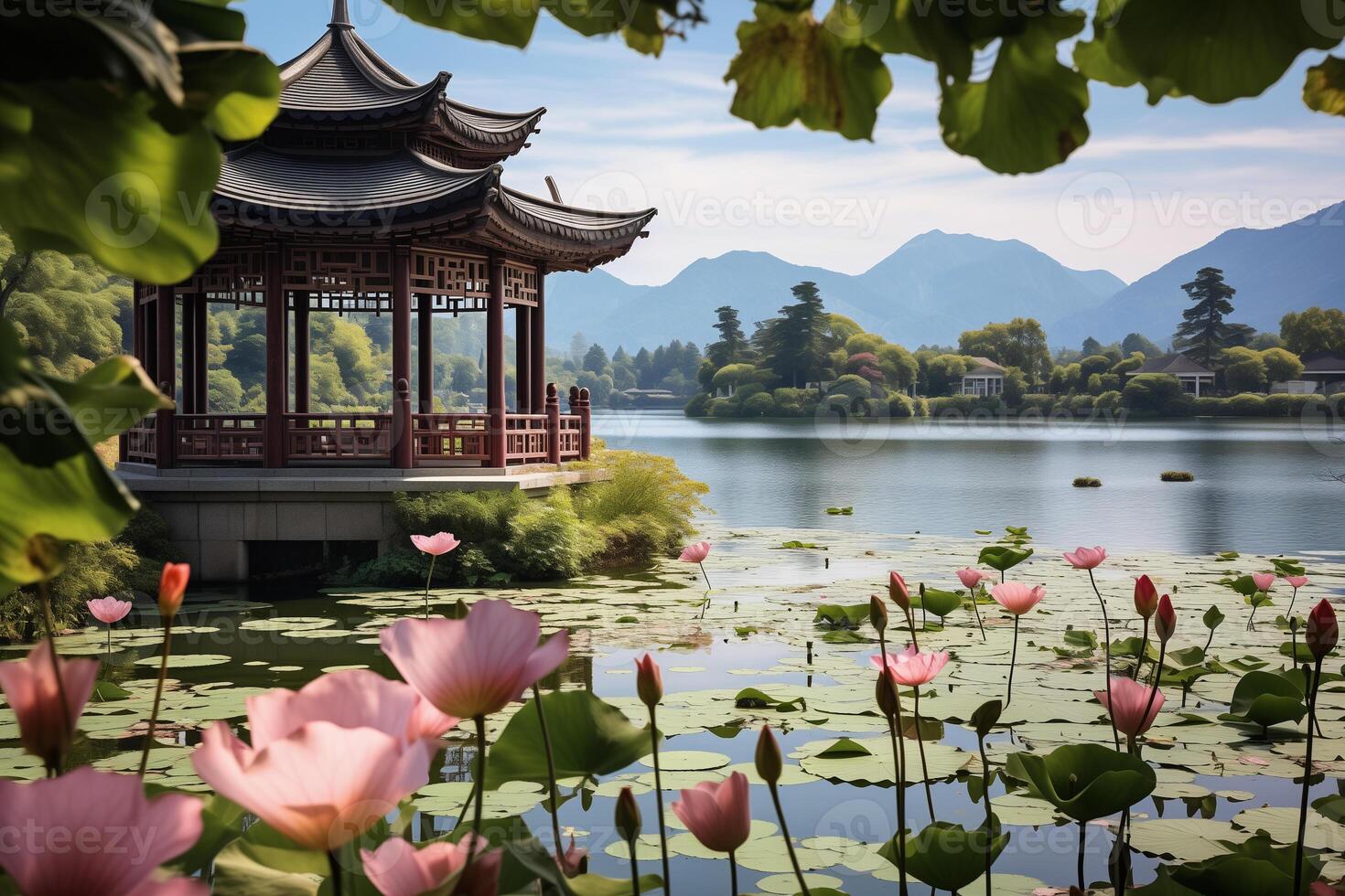 AI generated Chinese gazebo in the distance on a lake with blooming pink lotuses, mountains in the background photo