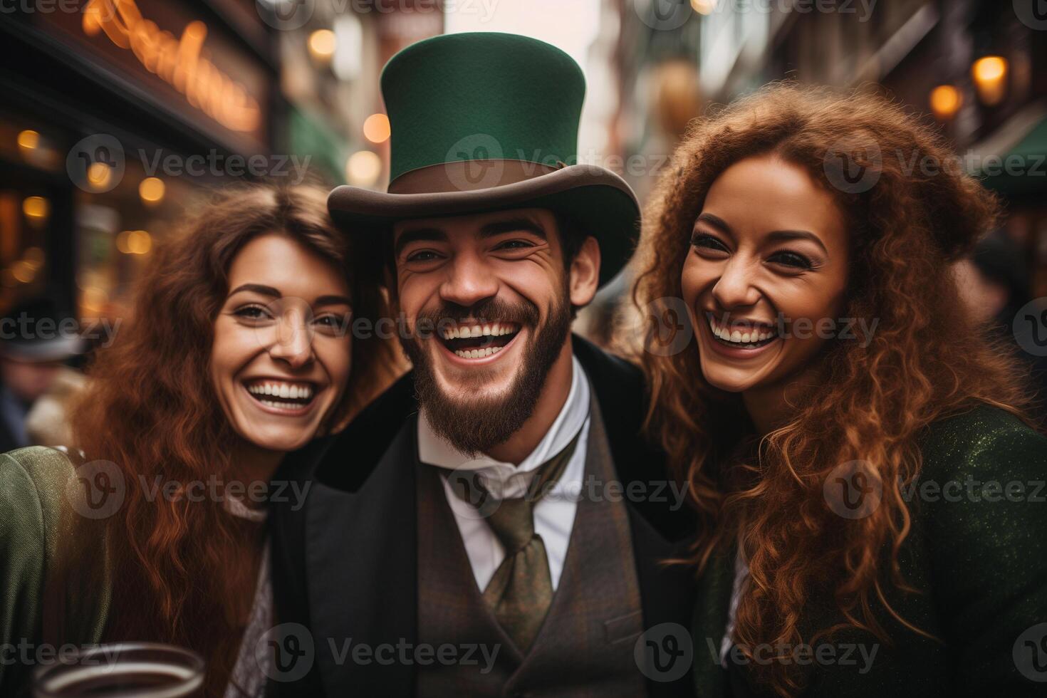 ai generado sonriente joven personas en verde S t. patrick's parte superior sombreros celebrando S t. patrick's día foto