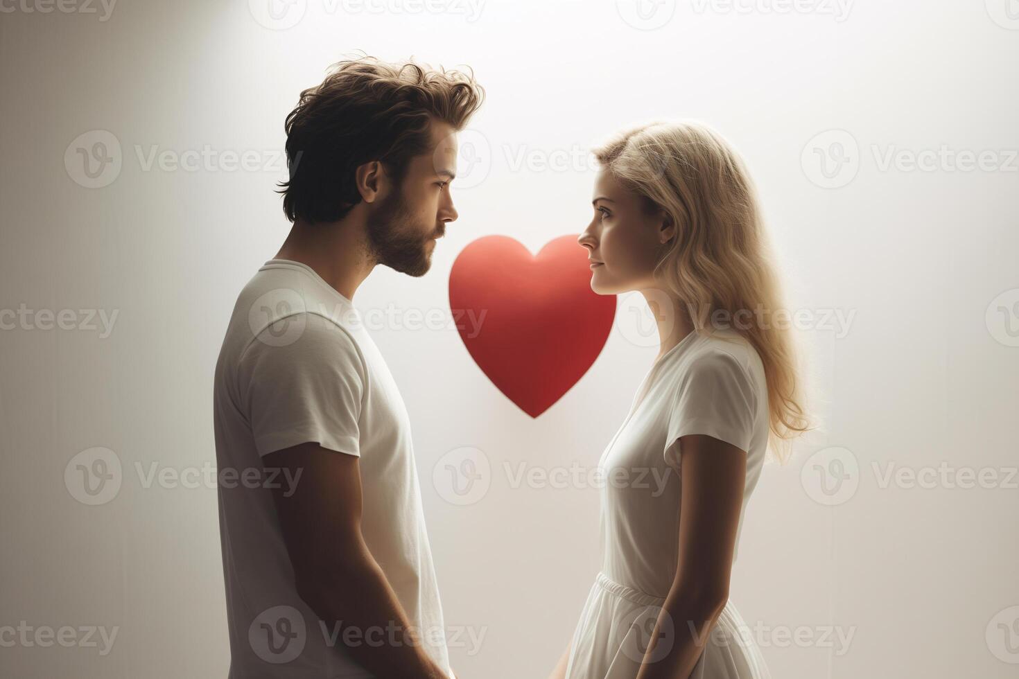 AI generated young couple looking at each other, red heart in the background photo