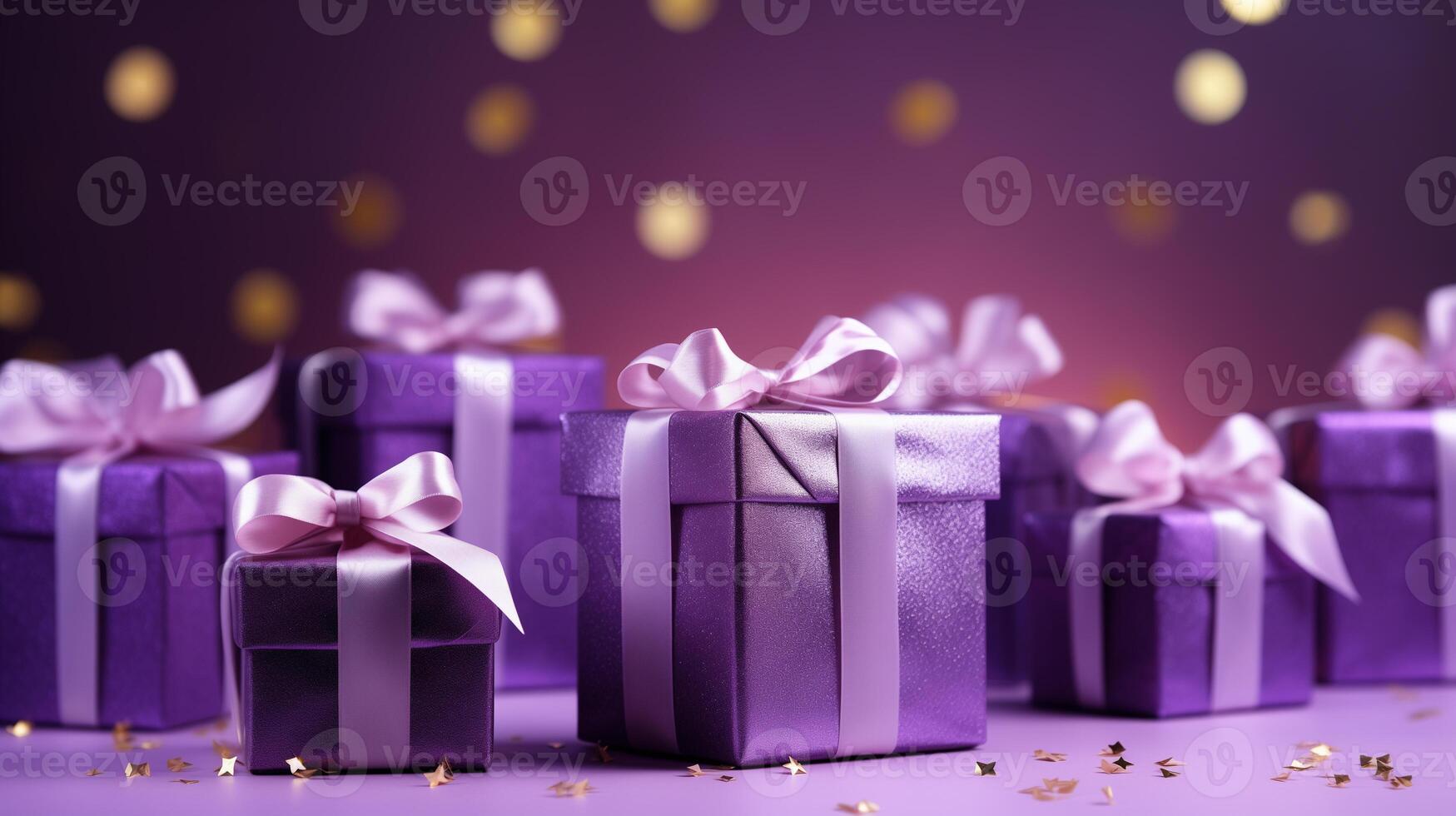ai generado púrpura regalo cajas en un púrpura antecedentes. festivo antecedentes con sitio para texto foto