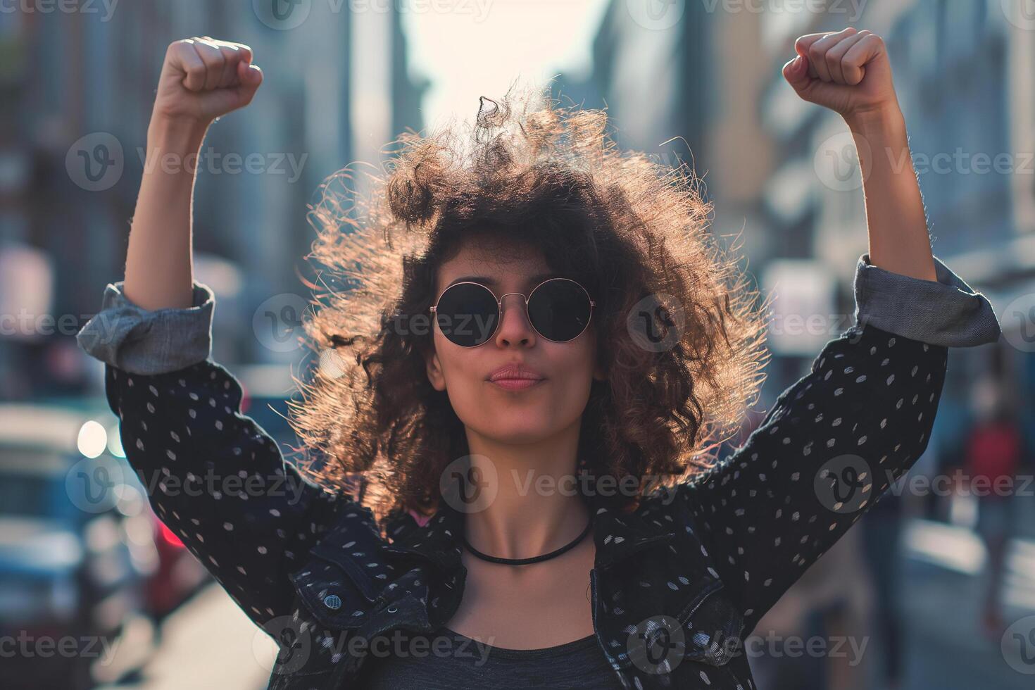 AI generated Young African American woman with sunglasses and raised fists up photo