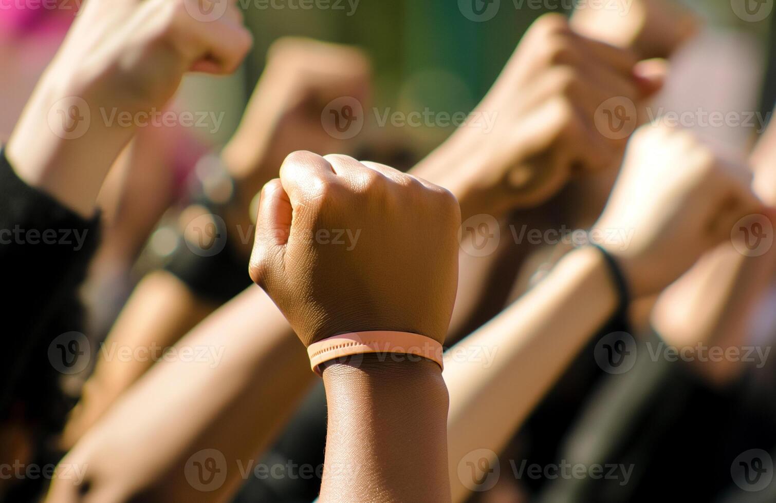 ai generado de cerca de un grupo de De las mujeres manos levantamiento su puños en el aire, niña poder concepto foto