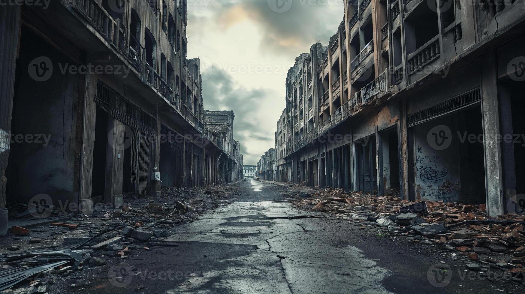 ai generado calles de un destruido ciudad después el bombardeo, militar operaciones foto