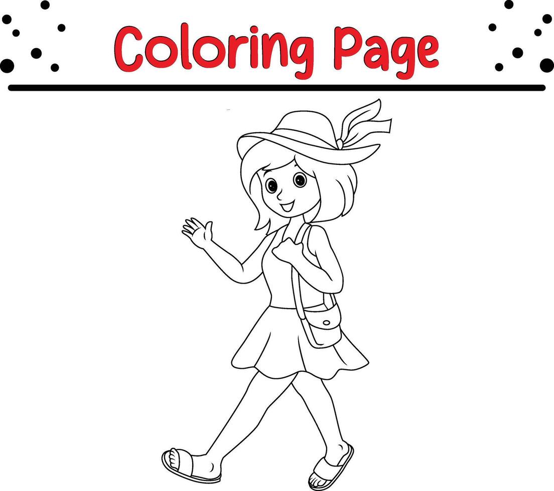 cute happy little girl coloring page vector