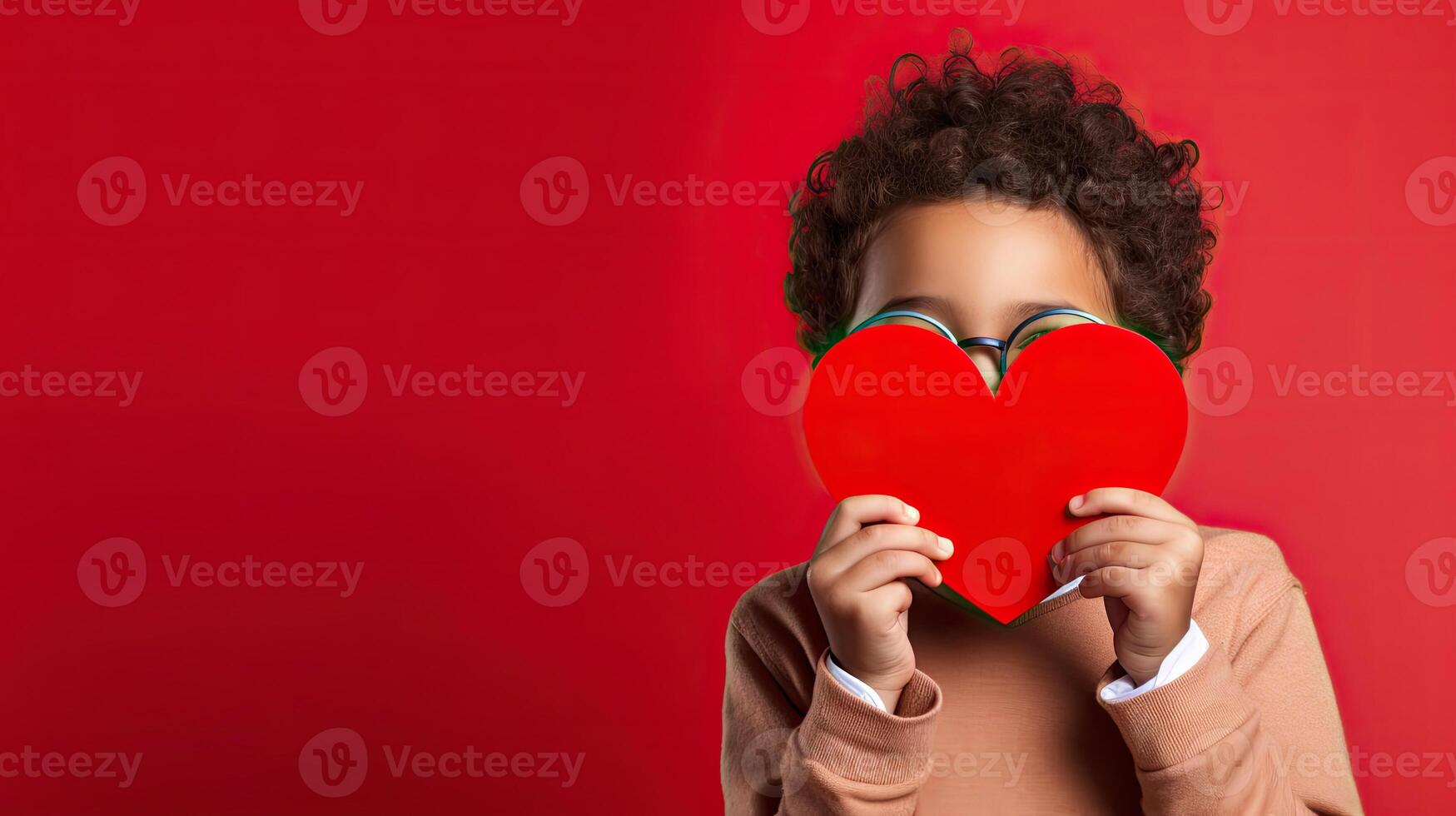 AI generated A shy little boy holding a paper heart shape and hiding behind it on grey background photo
