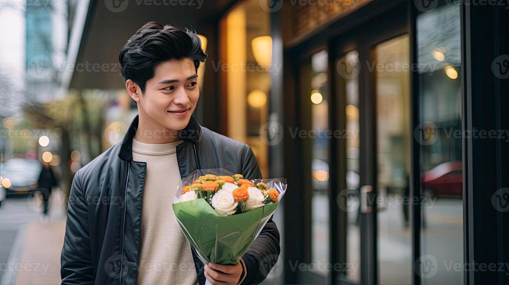 AI generated smiling handsome young man with bouquet of flowers standing in the city background photo
