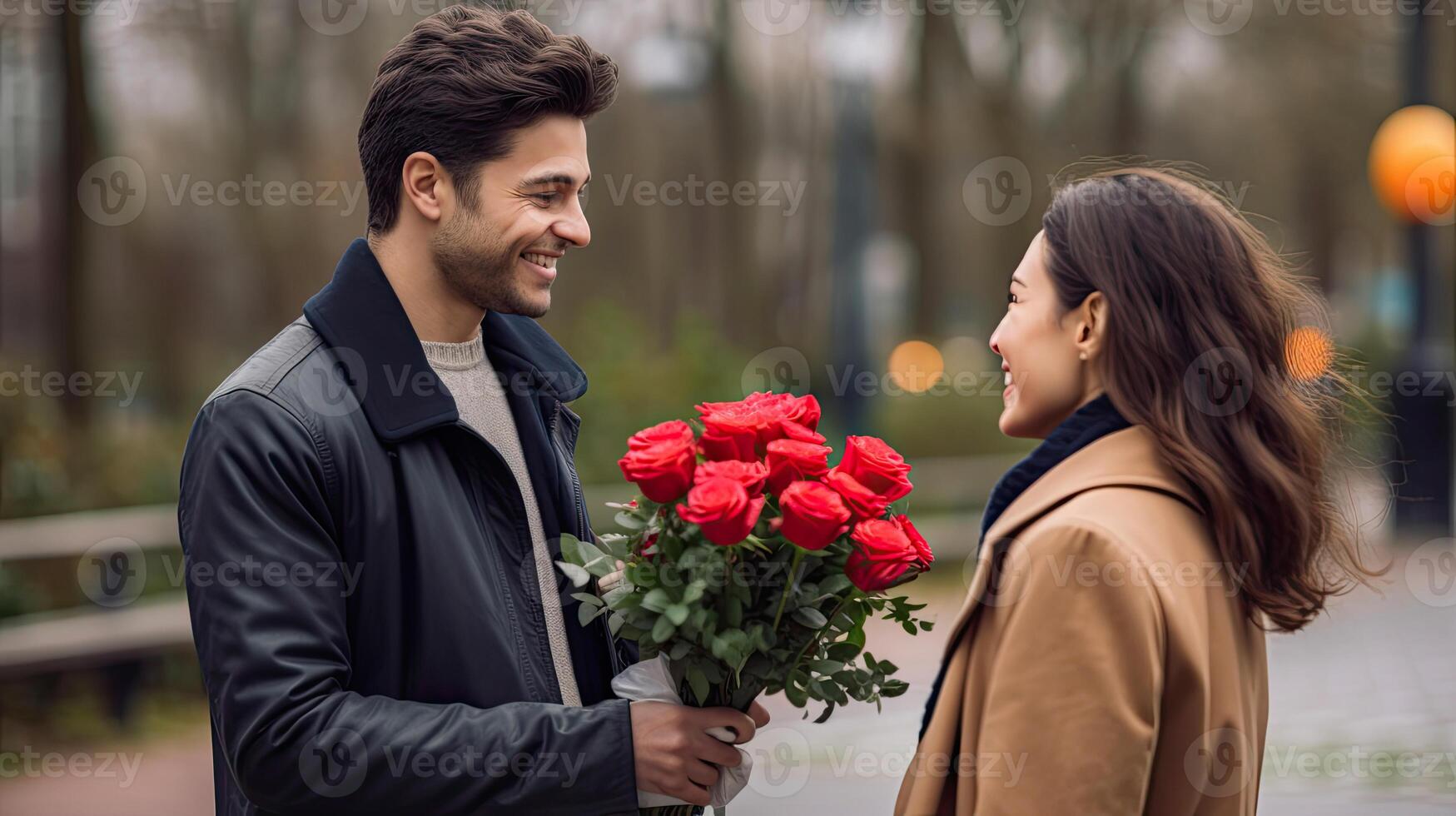 AI generated smiling young man giving a bouquet of flowers to his girlfriend, Valentine anniversary concept photo