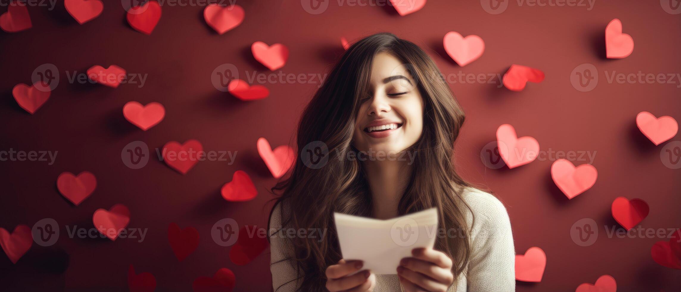 AI generated Excited positive girl smiling and looking at falling heart paper in Valentine day on red background photo