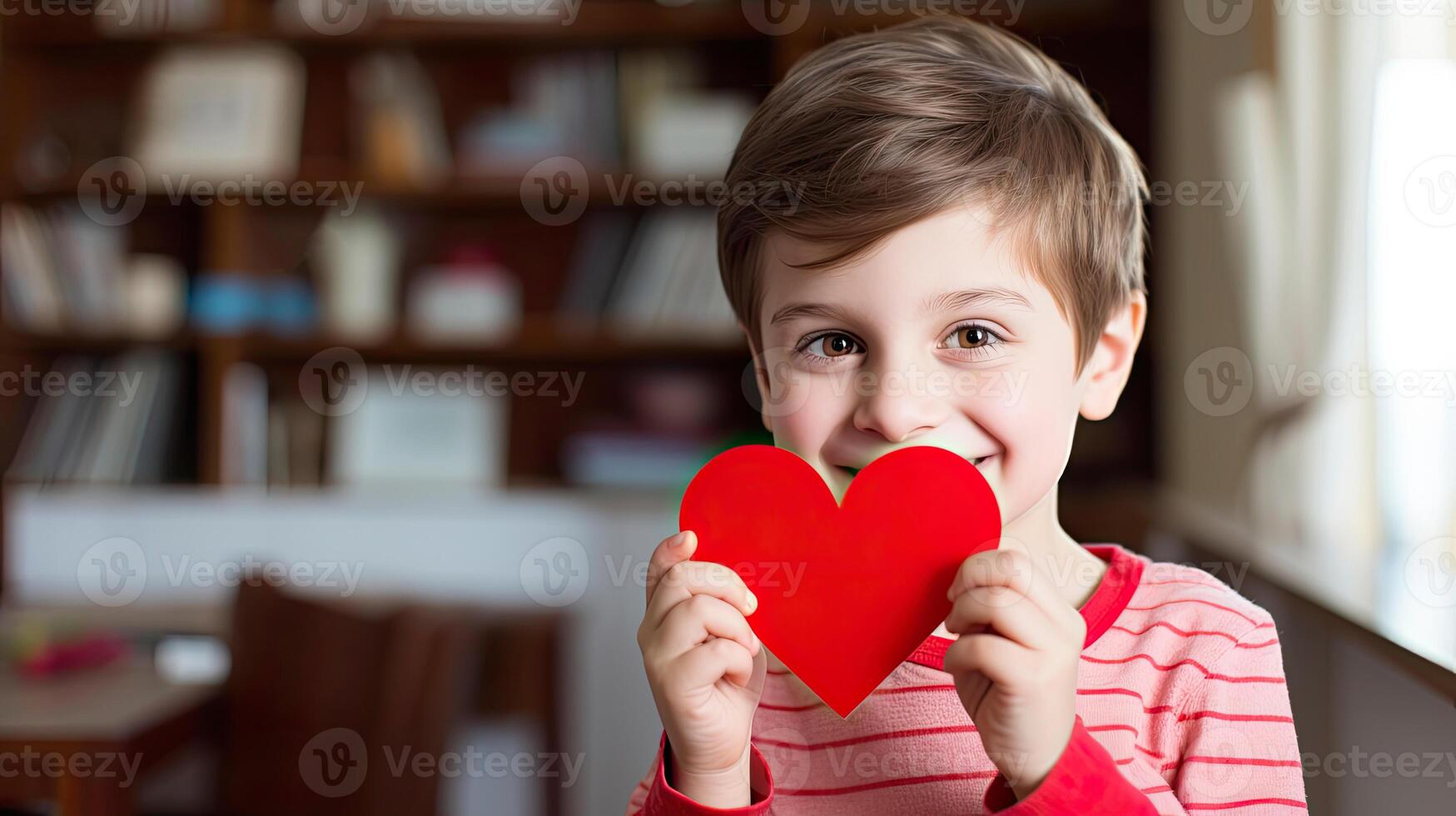AI generated A boy holding a red paper heart shape on indoor room background photo
