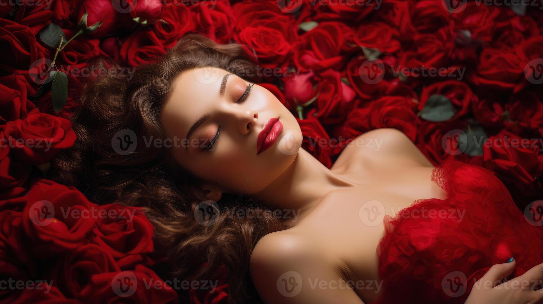 AI generated Lady in a red dress lying on the floor with red rose petals background in Valentine day concept photo