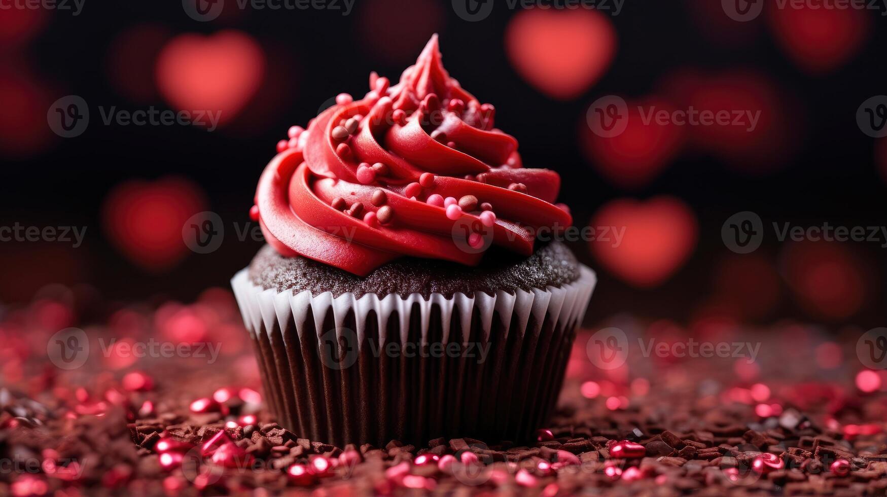 AI generated Close up delicious cupcake for Valentine Day on red bokeh blur background photo