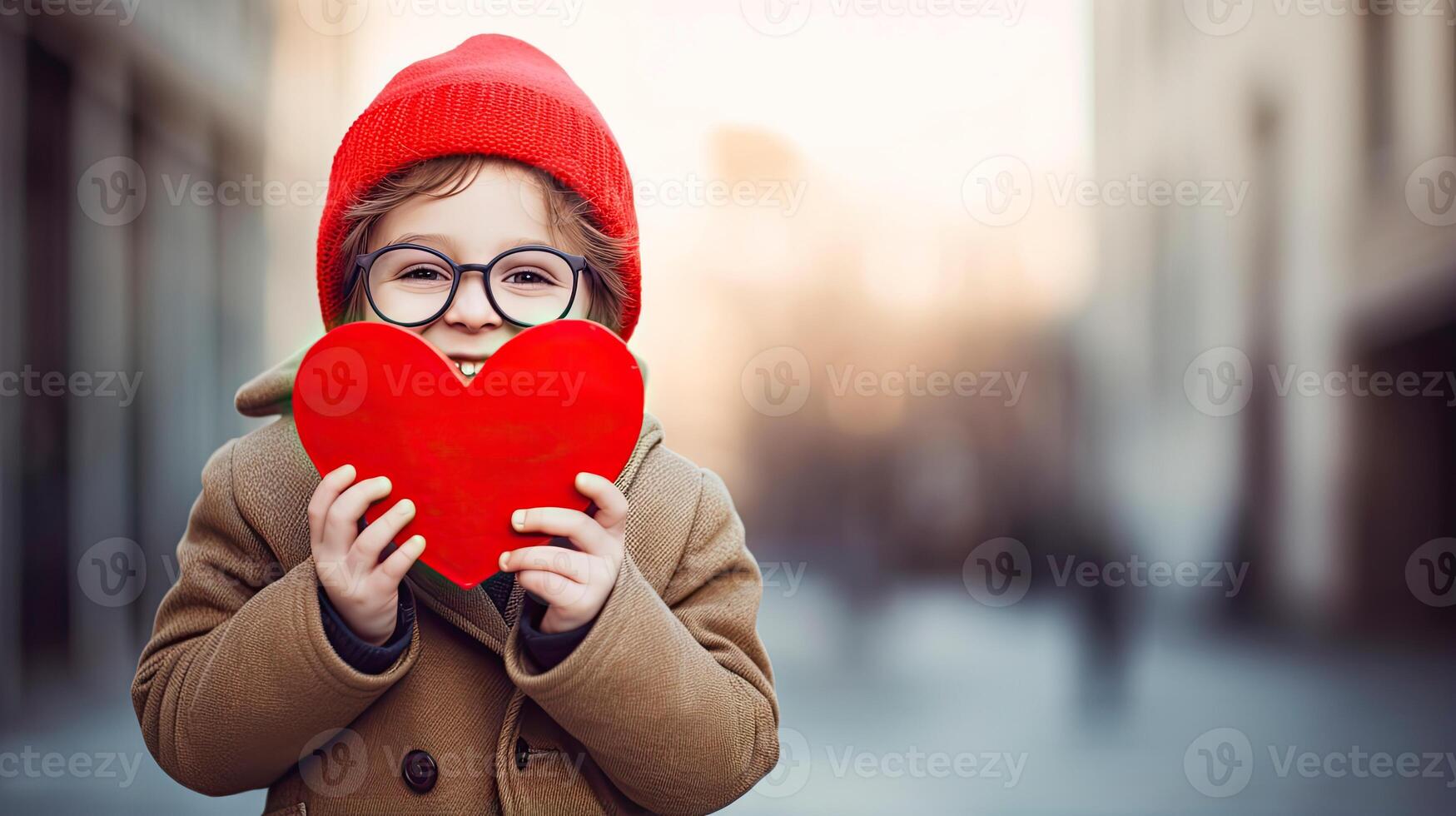 AI generated A shy little boy holding a paper heart shape and hiding behind it on blur bokeh city background photo