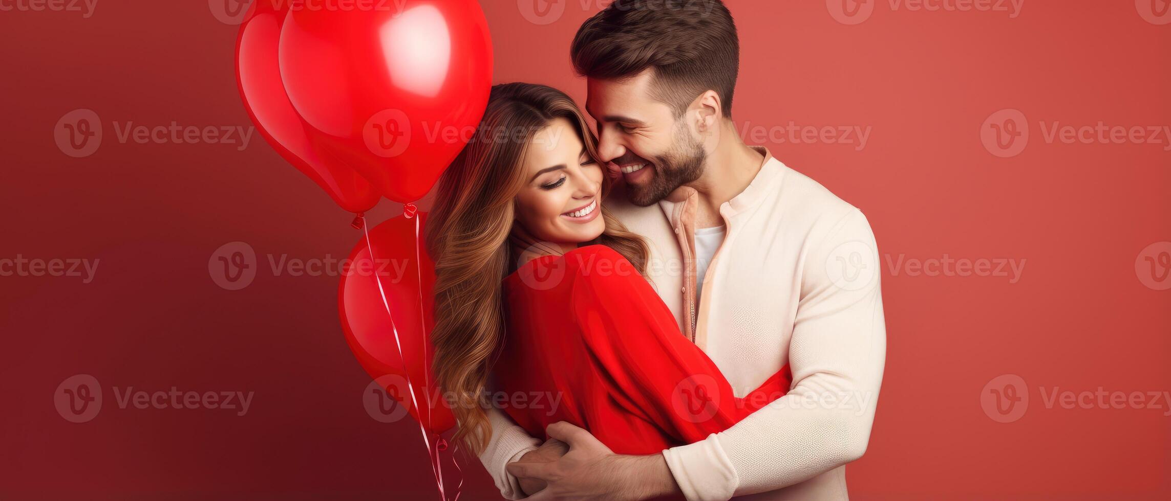 AI generated Cheerful couple in love hugging on a romantic Valentine with red heart shaped balloon isolated red background photo