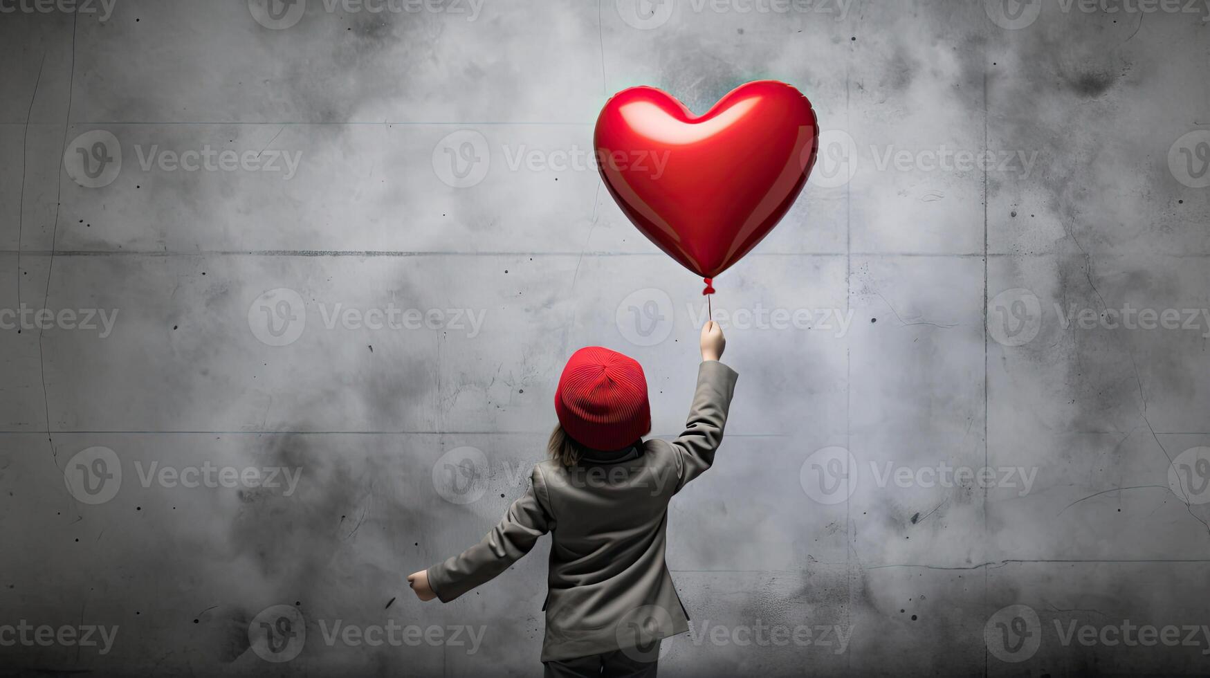 AI generated Back view of a kid raising arms with red love valentine heart shaped balloon isolated on grey background photo