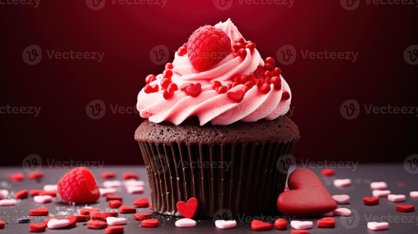 AI generated Close up delicious cupcake for Valentine Day on red bokeh blur background photo