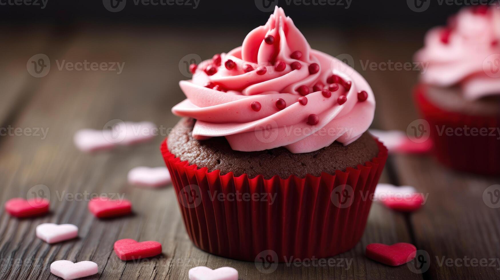 AI generated Close up delicious cupcake for Valentine Day on wood background photo