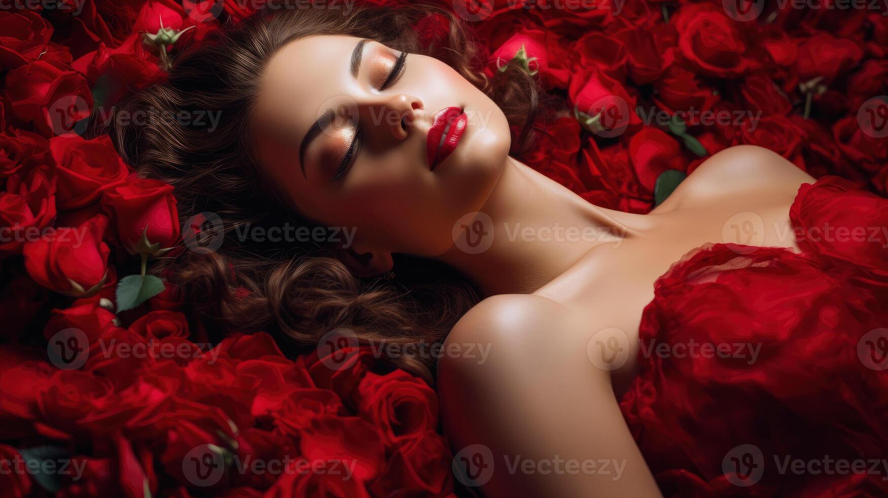 AI generated Lady in a red dress lying on the floor with red rose petals background in Valentine day concept photo