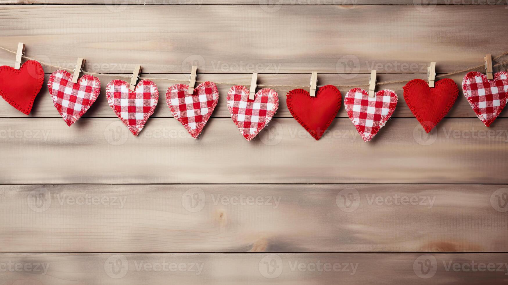 AI generated Valentine Gingham hearts with rope and clip hanging on rustic wood copy space background photo