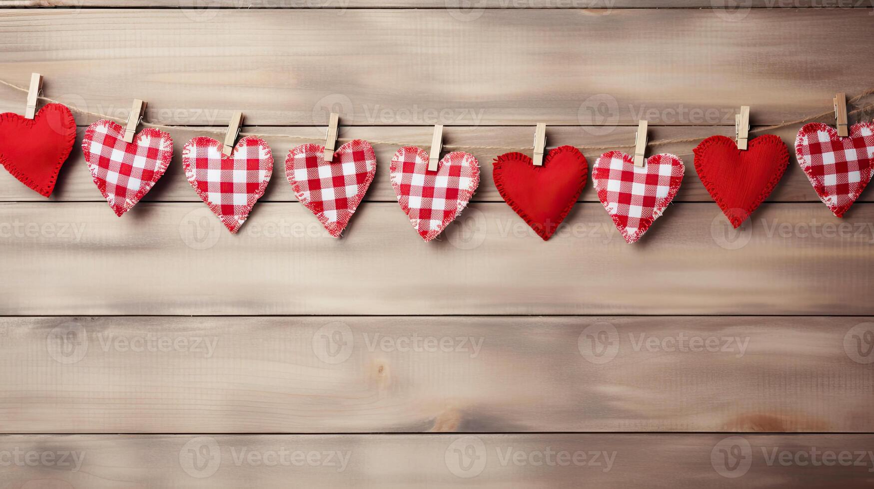 ai generado enamorado guingán corazones con cuerda y acortar colgando en rústico madera Copiar espacio antecedentes foto