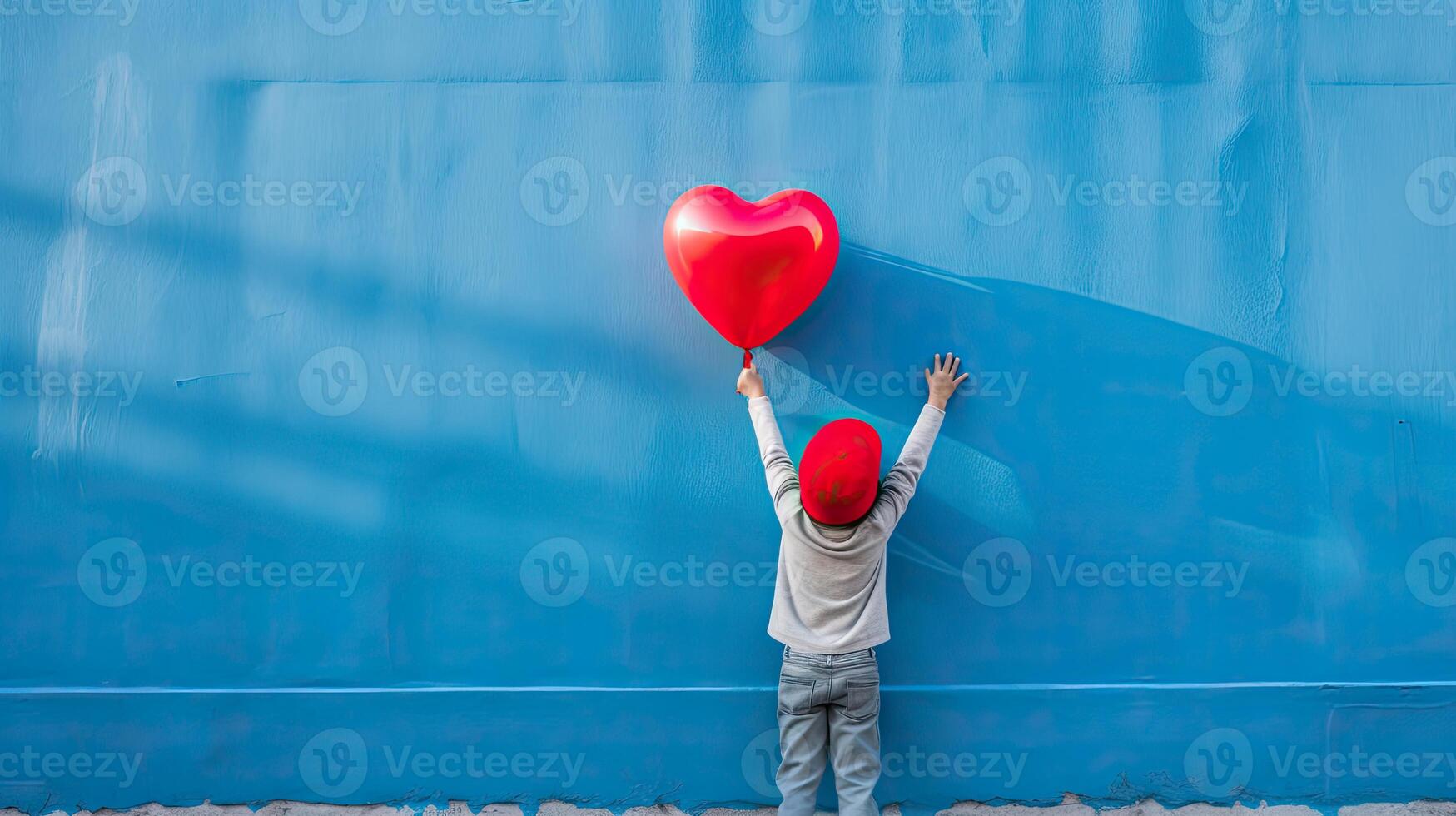 AI generated Rear view of a kid raising arms with red heart shaped balloon on blue background photo
