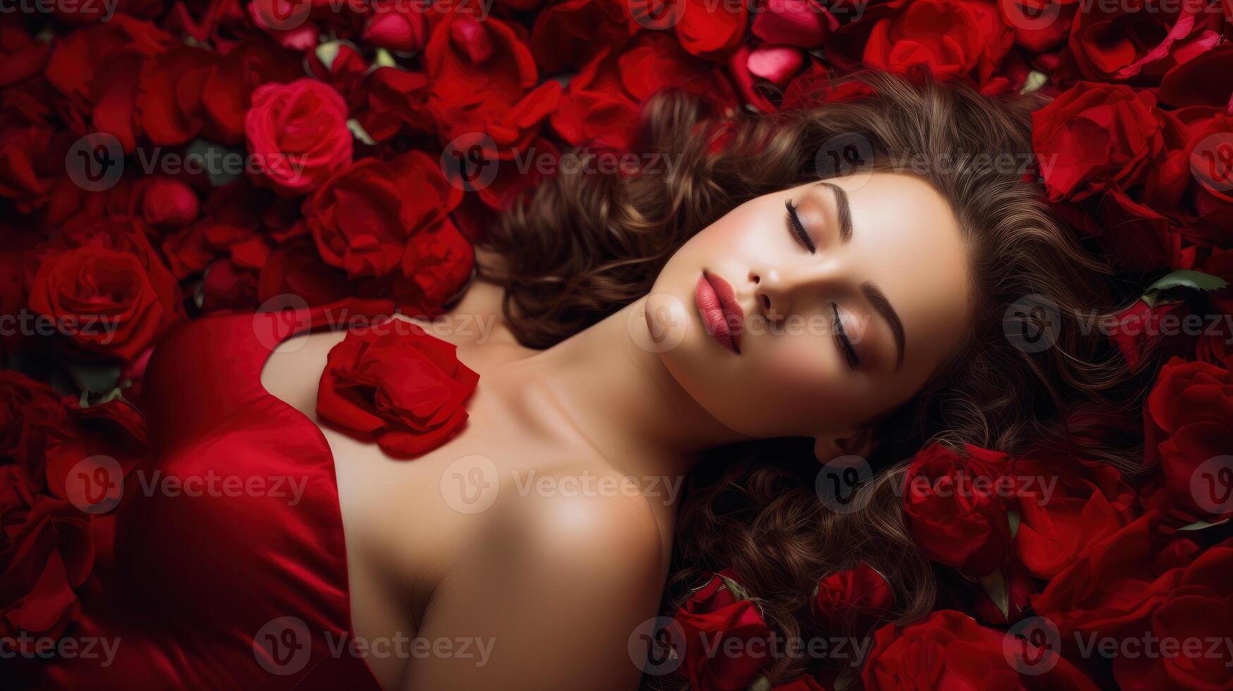 AI generated Lady in a red dress lying on the floor with red rose petals background in Valentine day concept photo