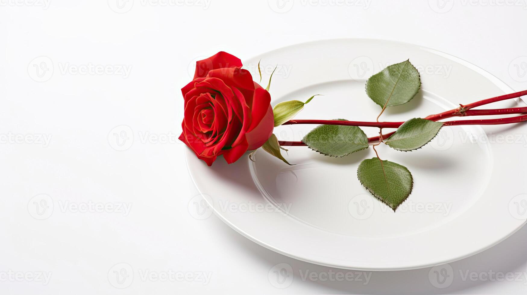 AI generated Red rose on a dish white background in Valentines day concept photo